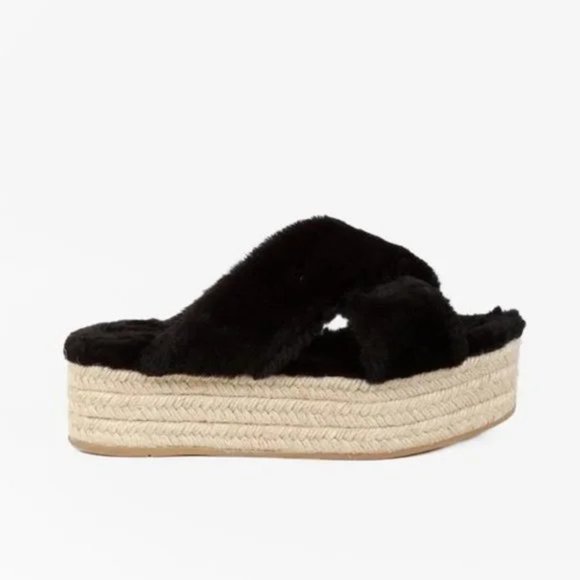 Miu Miu Black Shearling Crisscross Platform Slides - Picture 1 of 10